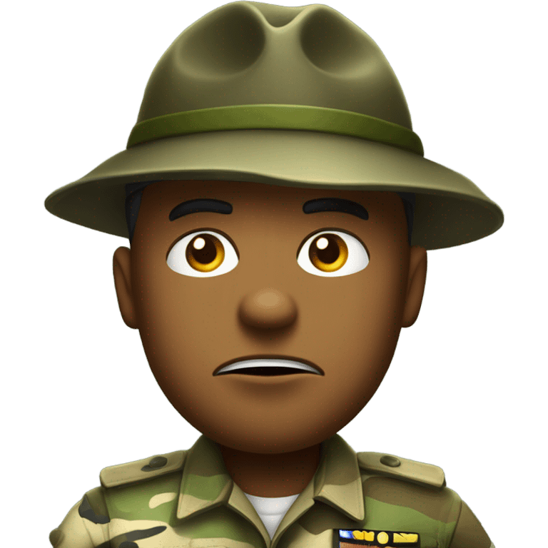 drill sergeant character wearing a classic sergeant hat and a camouflage army shirt. The character should have an angry intense expression. full torso emoji