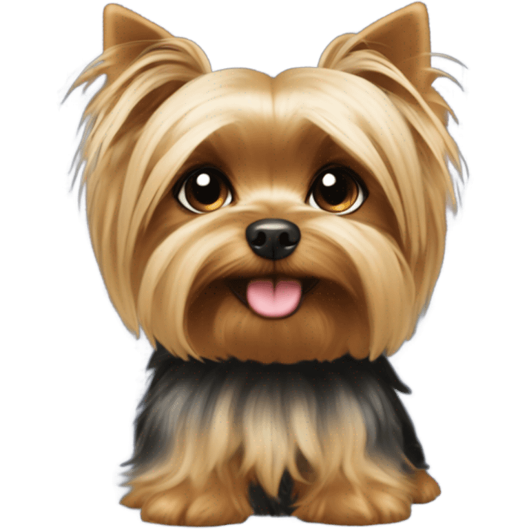 A small Yorkshire Terrier with fluffy golden-fur, black back, round face, perky ears, dark eyes, a small nose, and often a top bow or hair tie. Name Molly emoji