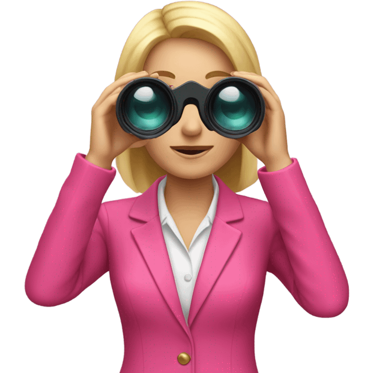 white female employee with loose blonde hair wearing intensive color pink suit looking in binoculars emoji