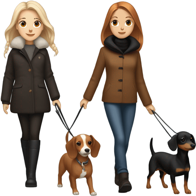 Two girls in winter coats walking- one with white skin black hair and the other with white skin and copper blonde hair with a brown and black dashedhound and the other with brown chihuahua  emoji