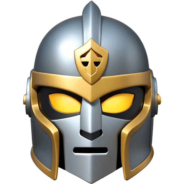 Clash of Clans aesthetic: Cinematic heroic Steel full face Helm Emoji, rendered in a 3D vector-style similar to standard emojis with minimal shading and bold, simplified shapes. A compact, isometric helmet crafted of shining steel with intricate engravings and a protective visor, softly glowing with a noble warrior charm. Simplified yet unmistakably iconic, highly detailed and consistent, glowing with a soft radiant gleam and high polish. Stylized with a touch of chivalric tradition and a soft glowing outline, capturing the essence of a stalwart battle helm with a friendly, playful manner! emoji