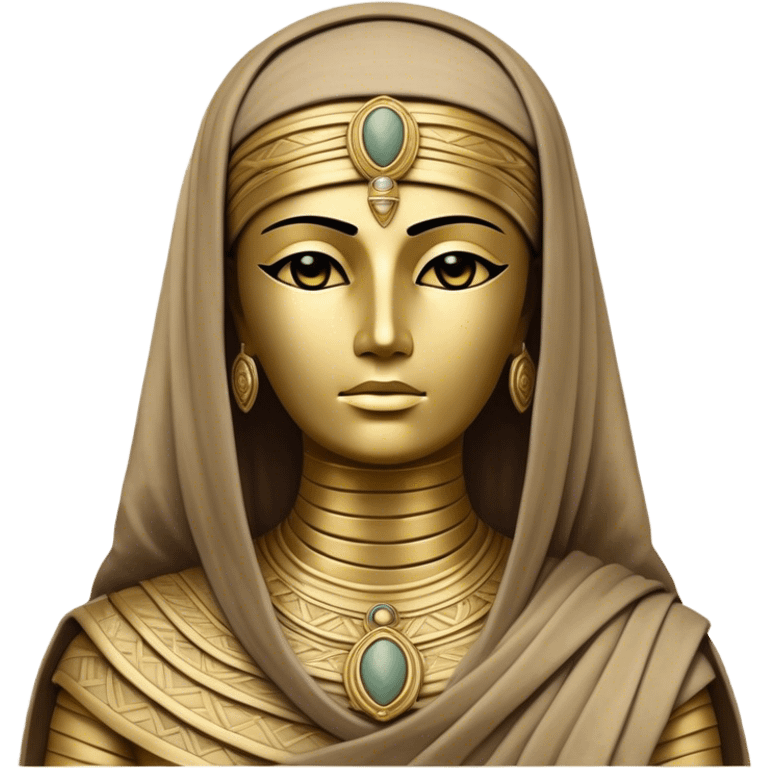 Cinematic Noble Mummy Portrait Emoji, Regal and timeless, with a meticulously wrapped, ancient form in muted earth tones accented by faded gold, exuding an air of forgotten majesty and solemn duty, simplified yet elegant with intricate bandage details, highly detailed and softly glowing, evoking the dignified mystery of an eternal sentinel guarding long-lost secrets! emoji