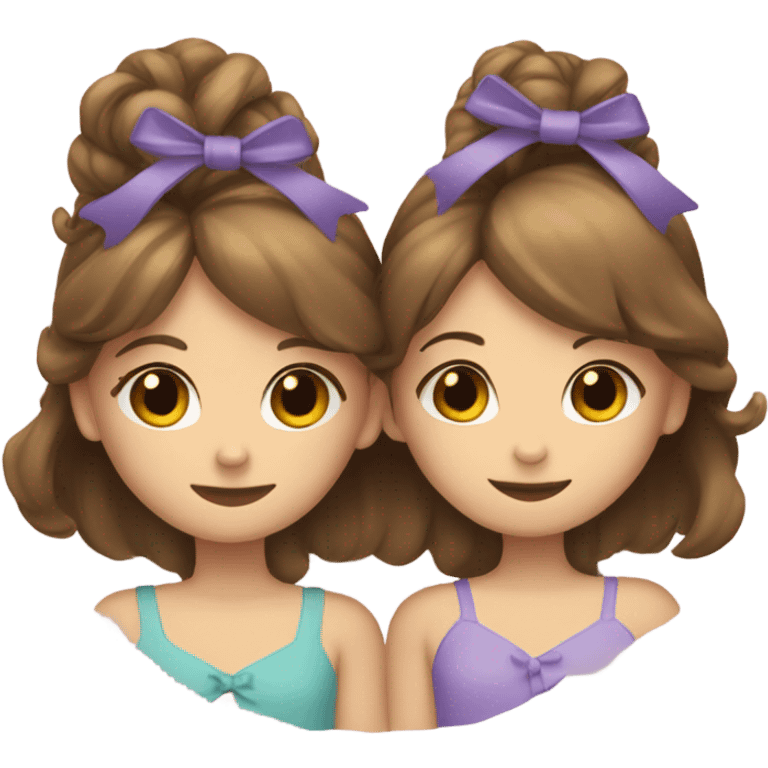 two girls hugging with bows if their hair, brown hair  emoji