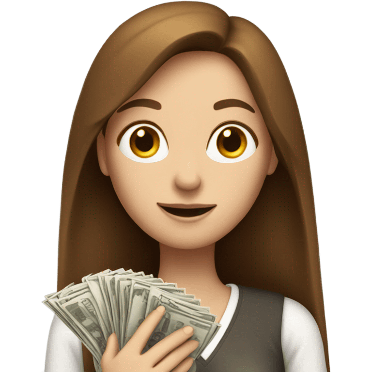 White woman with flowing brown hair counting money emoji