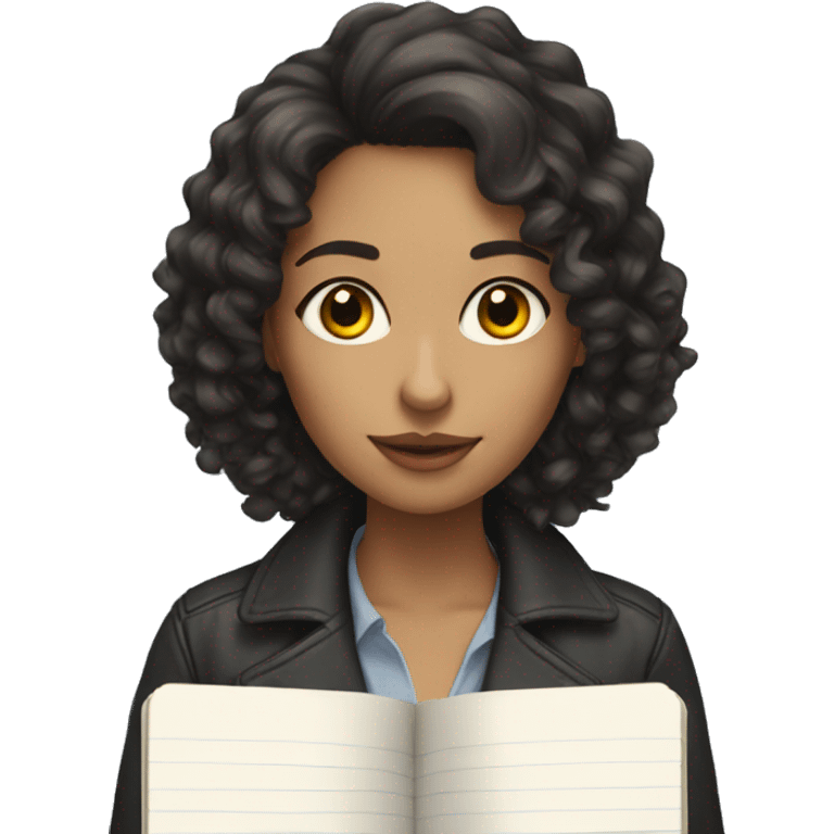 woman with long dark hair, curly, dark eyes, holding notebook emoji