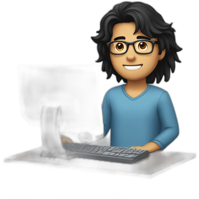 a young man with long black hair, with goatee, wearing glasses sitting with a computer, his arms up,cheering emoji