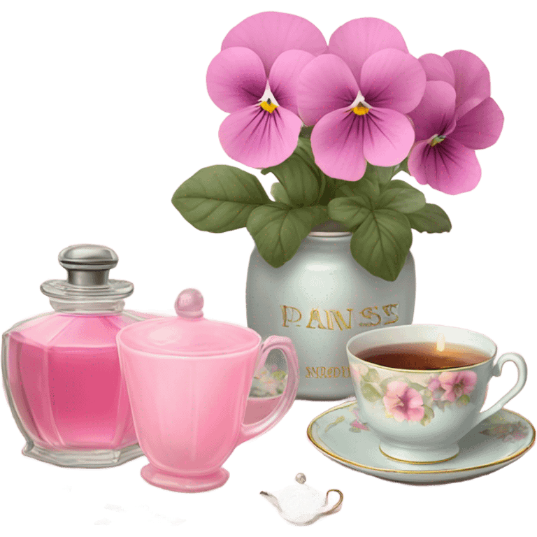 A cozy aesthetic: a pink candle in a glass jar, pastel pink pansies, a vintage perfume bottle, and a cup of steaming tea. emoji