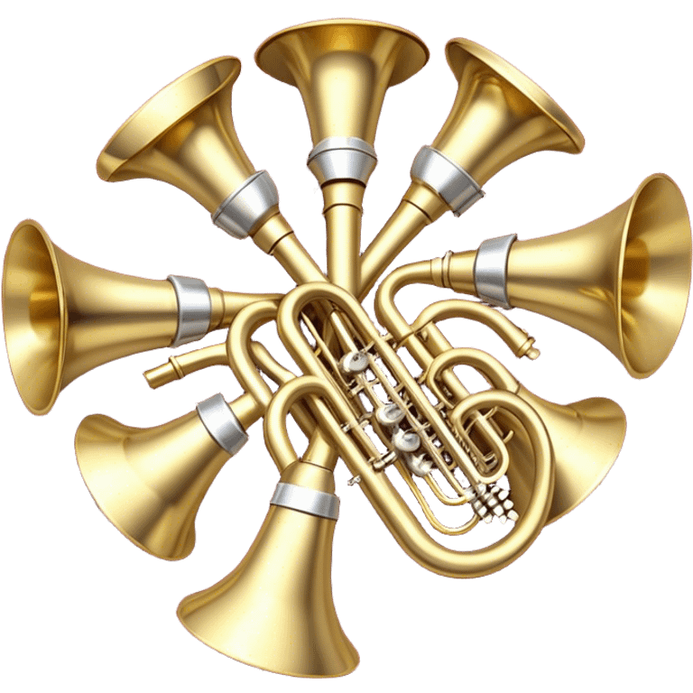 Create a festive and elegant emoji collage featuring a bouquet or fan of brass instrument bells (trumpets, saxophones, trombones, tubes, etc.) arranged in a radiant, symmetrical pattern. The instruments should have polished, golden and silver finishes, with their large, shiny bells forming a beautiful, fan-like display. Include a flowing ribbon of musical notes swirling through the center, conveying movement and melody. The background should feature a deep red velvet texture, adding a touch of luxury and sophistication. The overall composition should be balanced, with an elegant and regal feel, with a transparent background to keep focus on the instruments and musical elements. emoji