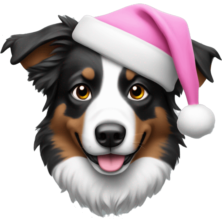 Black and white Aussie wearing pink Santa hat emoji