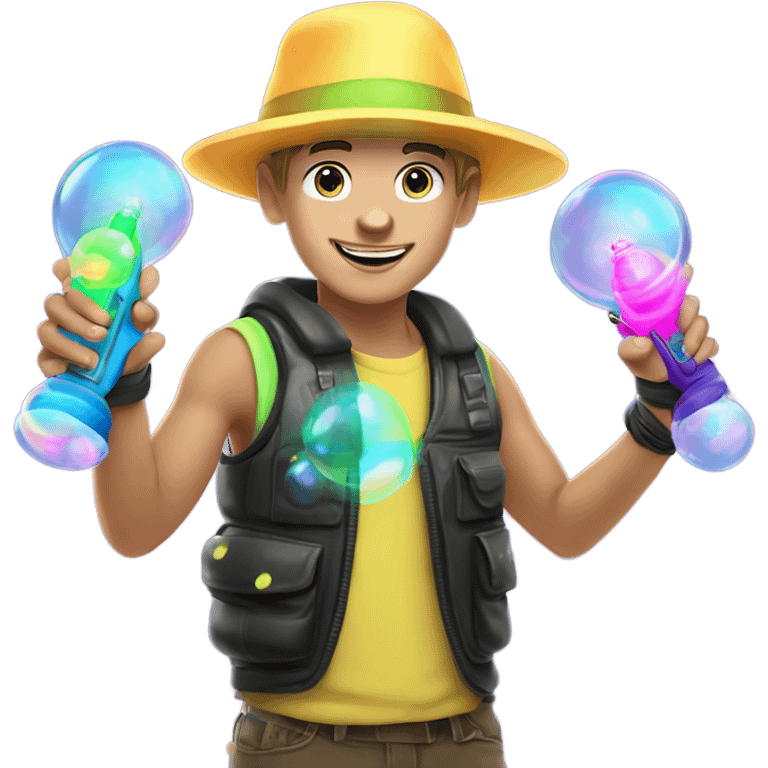 Caucasian boy at rave wearing a glowing outfit and hat with bubble guns in each hand with bubbles all around emoji