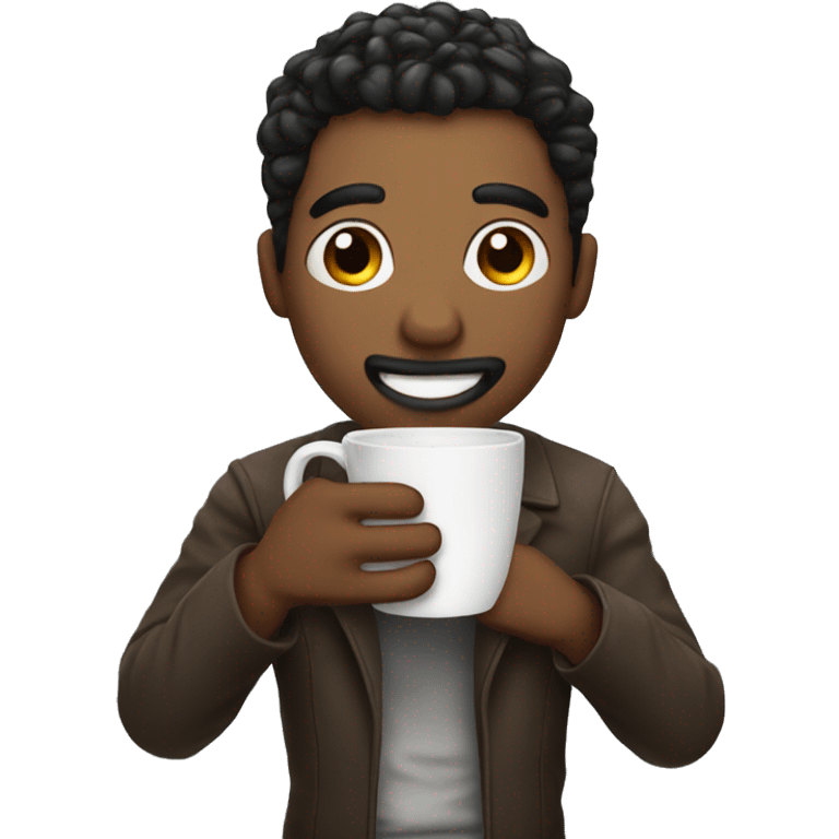 Man holding a Coffe cup with black hais emoji