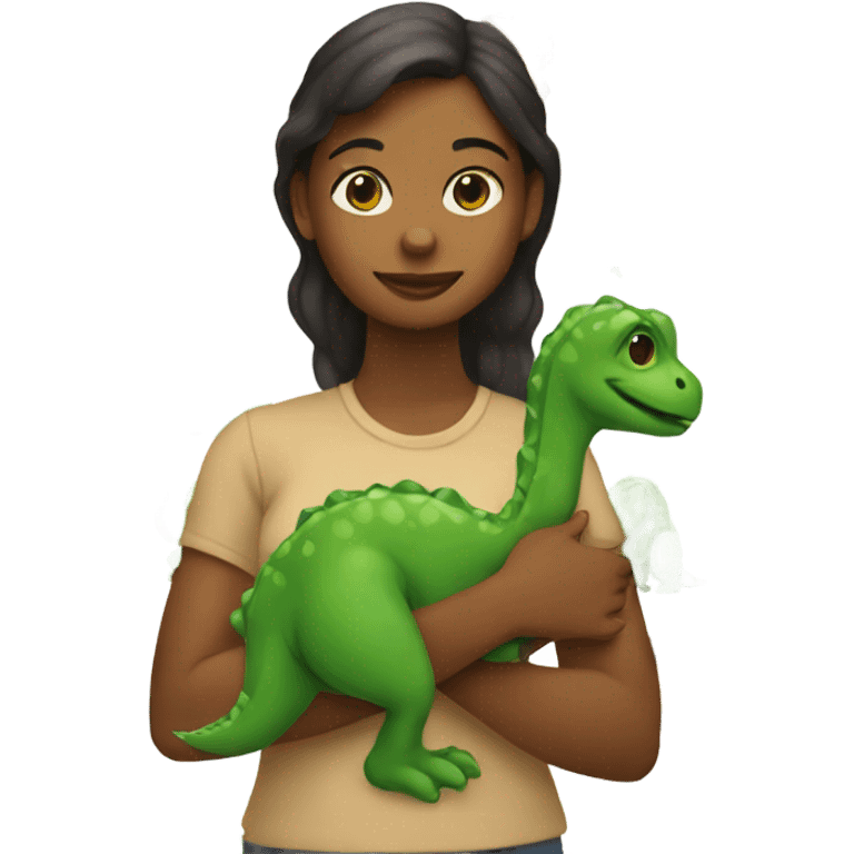 Brown girl holding green dino emoji