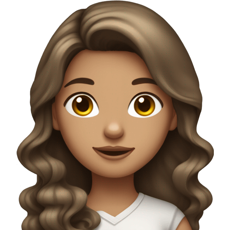 Tanned brunette long wavy hair girl holding a cute dilute calico cat emoji