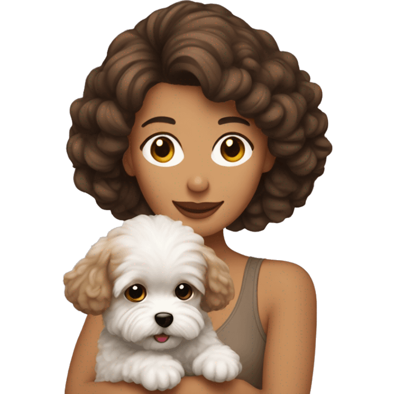 Brunette woman holding her Maltipoo dog emoji