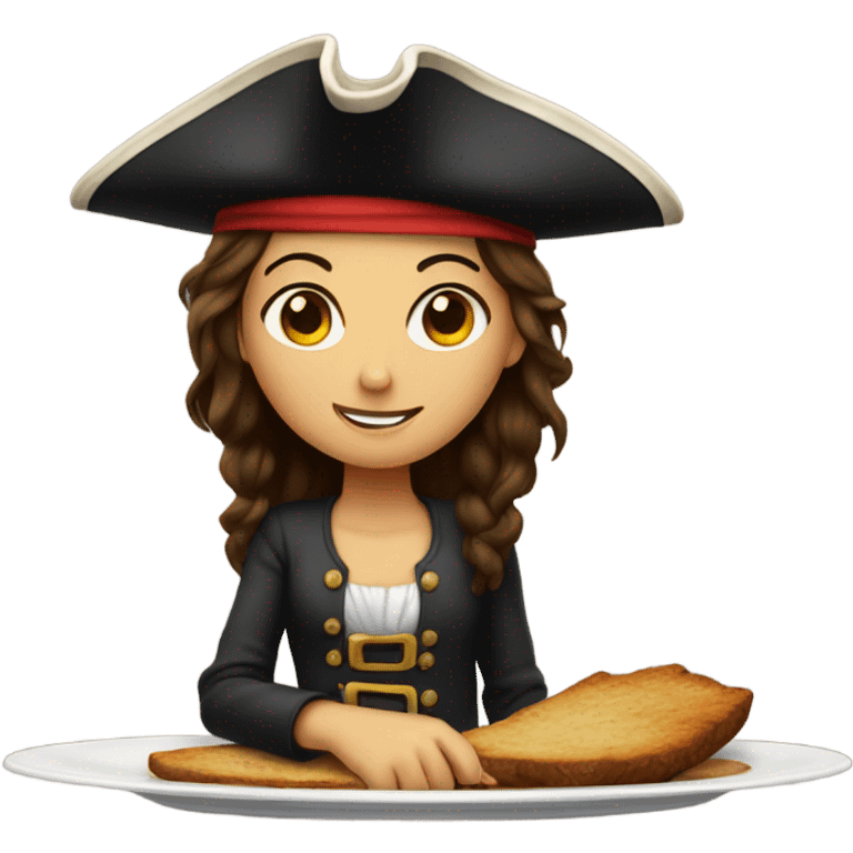 Brunette girl on platter with pirate hat emoji