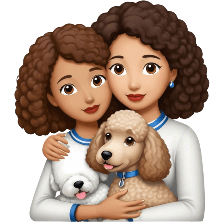 White standard poodle and Asian brown-skinned woman embrace emoji