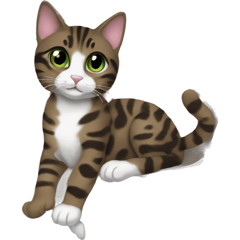 Dark brown and black and dark grey tabby dark brown black spotted with white paws cat with brown-green eyes and white neck lying emoji