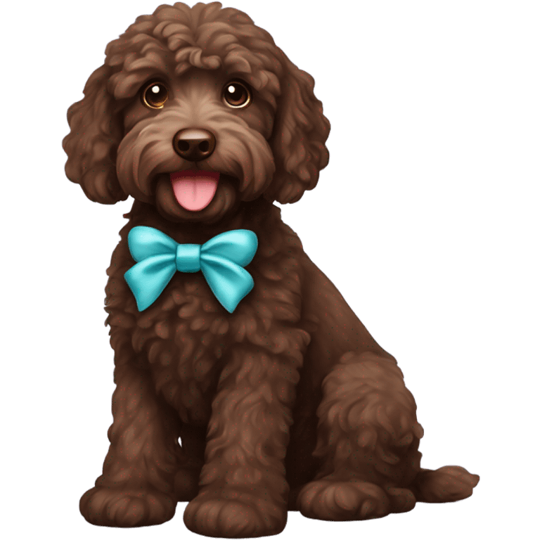 Chocolate labradoodle wearing a bow emoji