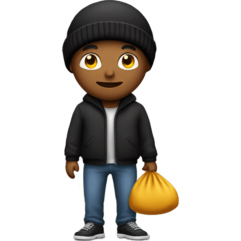 A man with a black beanie and a money bag behind his back emoji