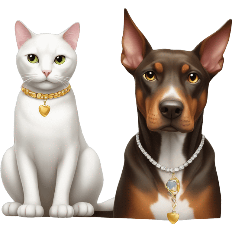 White cat with necklace sitting with Doberman emoji