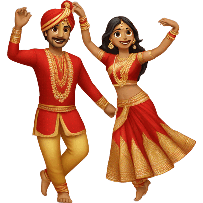 Indian couple in red and gold outfits dancing emoji