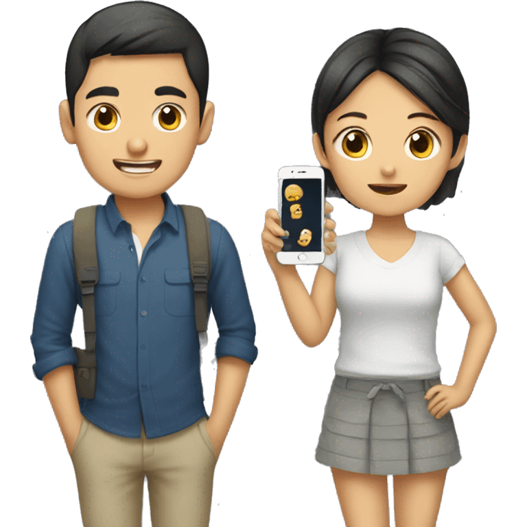 asian boy and girl using phone emoji