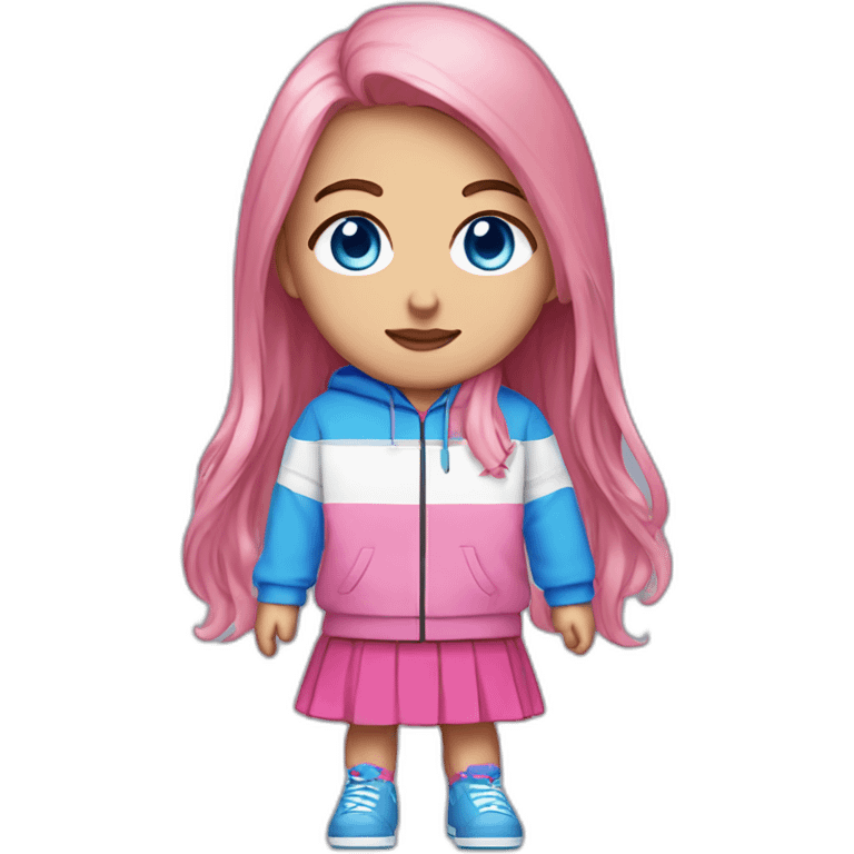 32x32 pixel art, 1 individual, full body visible, white background  pink, long hair bright blue eyes pink track jacket black japanese skirt emoji