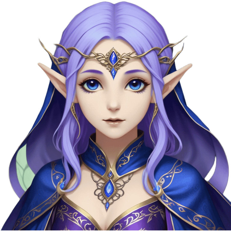 Cinematic Realistic WoW Elf Mage Portrait, depicted with ethereal, otherworldly beauty and refined arcane mastery. Clad in an intricately detailed robe in consistent deep blues and purples accented with shimmering gold filigree, her luminous, porcelain-like skin and delicate features evoke timeless elegance. Her piercing, mystical eyes radiate ancient wisdom, rendered with lifelike texture and subtle, magical lighting, high shine, noble and majestic, capturing the essence of a legendary elven sorceress. emoji