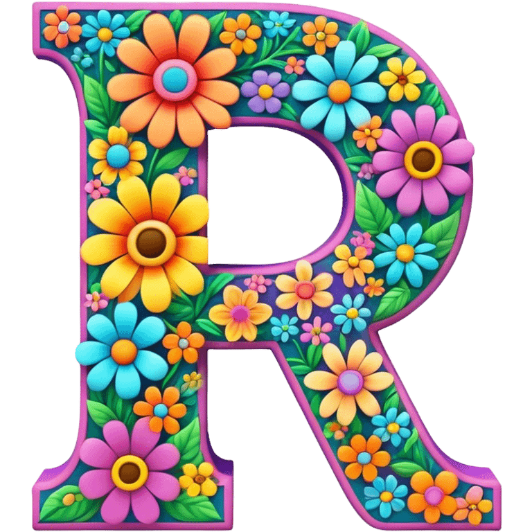 3D style, psychedelic colored Letter A with hippie style flowers emoji