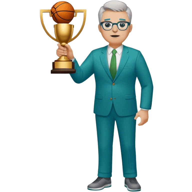 full body plus size white male basketball coach with short light brown mixed with gray hair color wearing glasses wearing blue and green suit holding a trophy emoji