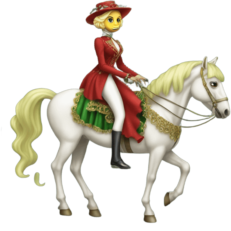 "galora green blonde alien woman" in red Victorian elegant dress, full body, rides "horse gold and white"
 emoji