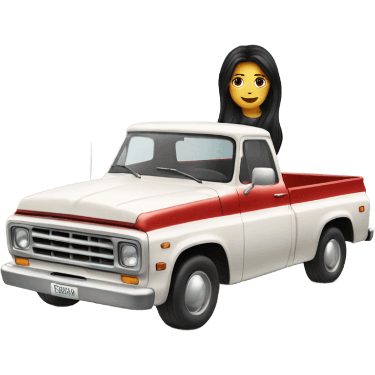 A white lady with long black hair, driving an older red pick up truck emoji