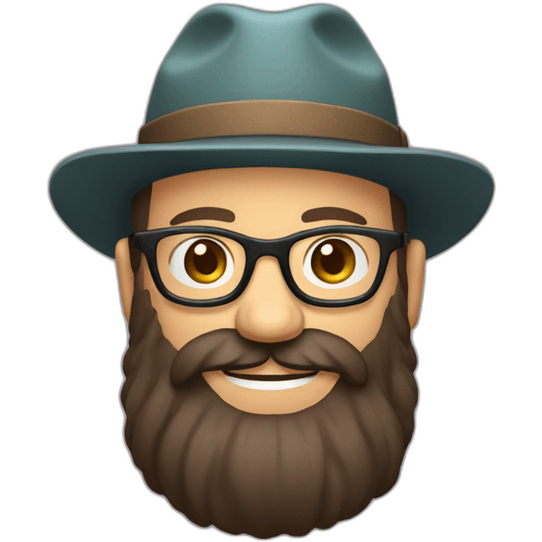 happy smile gardener face long dark beard and bald dark hair round glasses brown eyes and a hat emoji