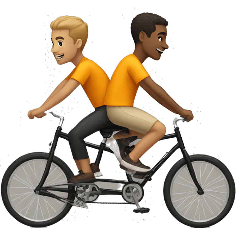 Two guys riding a tandem bike in yellow-orange shirts, one with light skin and light brown hair and one with tan skin and black hair emoji