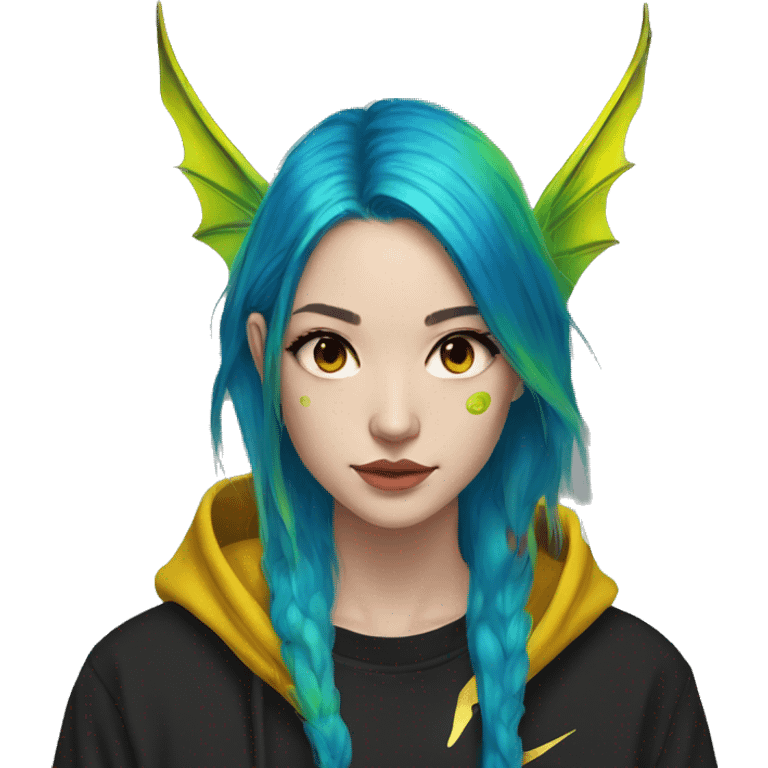 Lady with brunette and iridescent blue hair, gold, lime green dragon wings, black hoodie, bleach dyed, black and gold Nike t shirt, and bright red eyes emoji