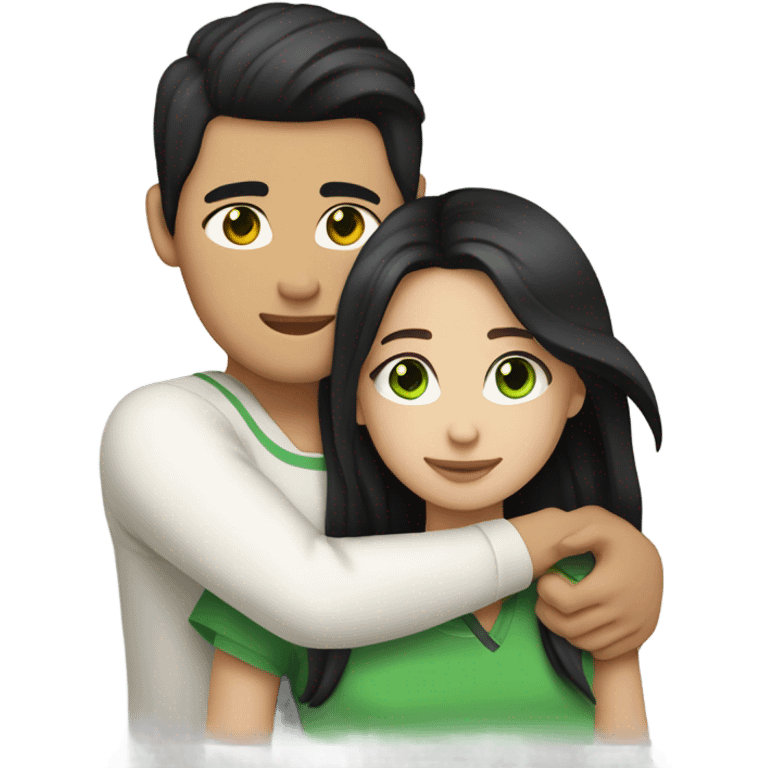 Light skin Asian male with undercut straight black hair tightly hugging white female with green eyes and long brown wavy hair emoji