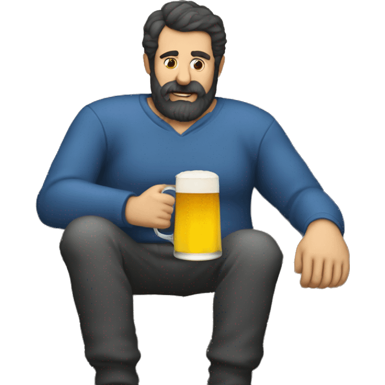 Dark hair middle age beard man drinking beer on couch stomach emoji