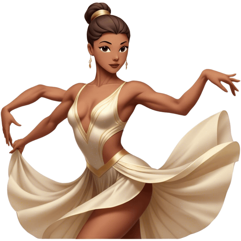 Cinematic Realistic Dance Poses, an elegant dancer mid-motion, muscles tensed with control, soft fabric of their attire flowing with movement, dramatic lighting highlighting the graceful lines, glowing with passion and poise. emoji