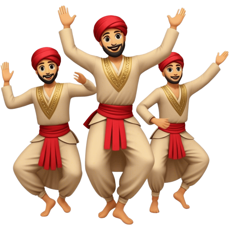 Cinematic Realistic Dabke Dance Emoji, depicted as an energetic traditional Lebanese folk dance with vibrant costumes and rhythmic movements, rendered with dynamic textures and festive natural lighting that captures its communal joy. emoji