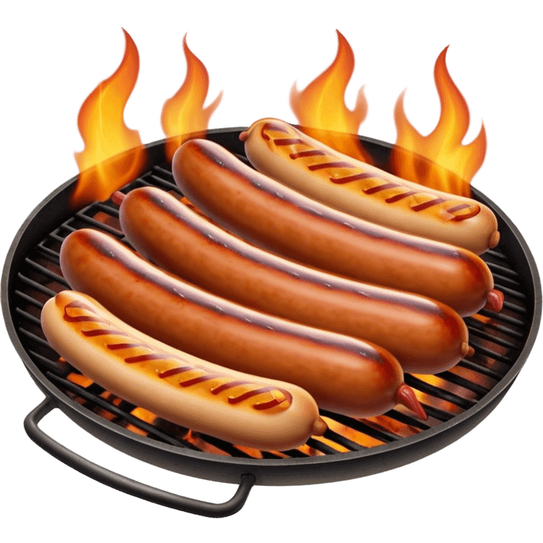 Cinematic Realistic Sausage Sizzle Dish Emoji, featuring sizzling sausages cooking over an open flame rendered with dynamic textures and warm, smoky lighting. emoji