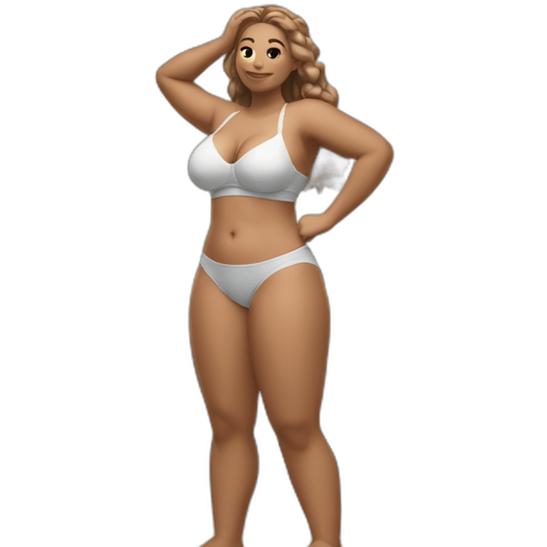 Slim-thicc Caucasian woman small bra panties hands-in-hair pose (beach body) full body emoji