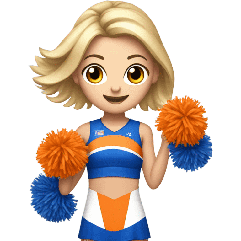 Caucasian Cheerleader with orange and blue Pom poms  in her hand and a “K1 “on Uniform emoji