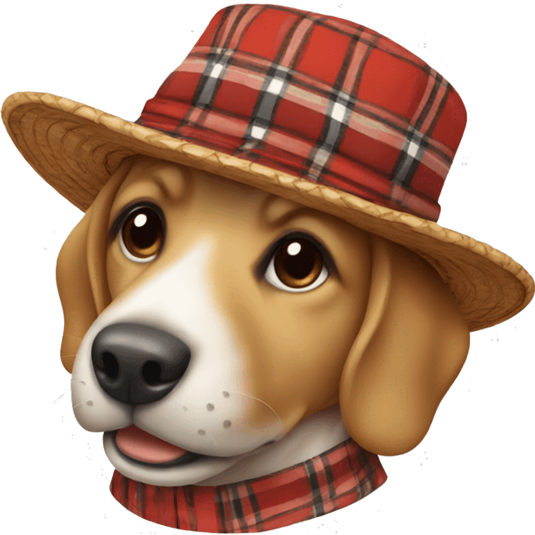 dog happy with straw hat and red plaid outfit emoji