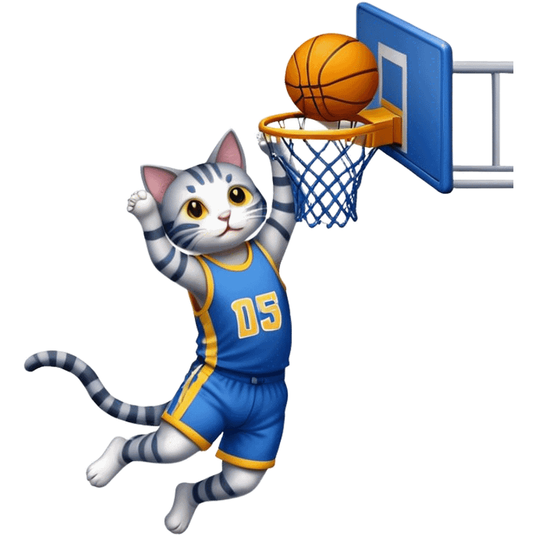 A cat wearing a blue basketball jersey with yellow stripes dunking a basketball into a basketball hoop emoji