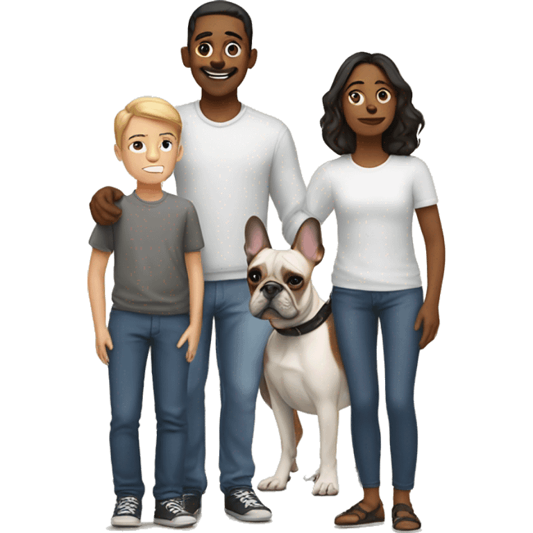 parents standing behind 3 boys, one french bulldog emoji