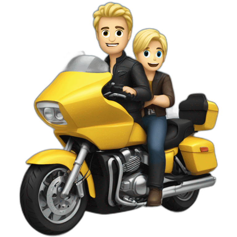 blonde man with dark haired man behind on motorbike emoji