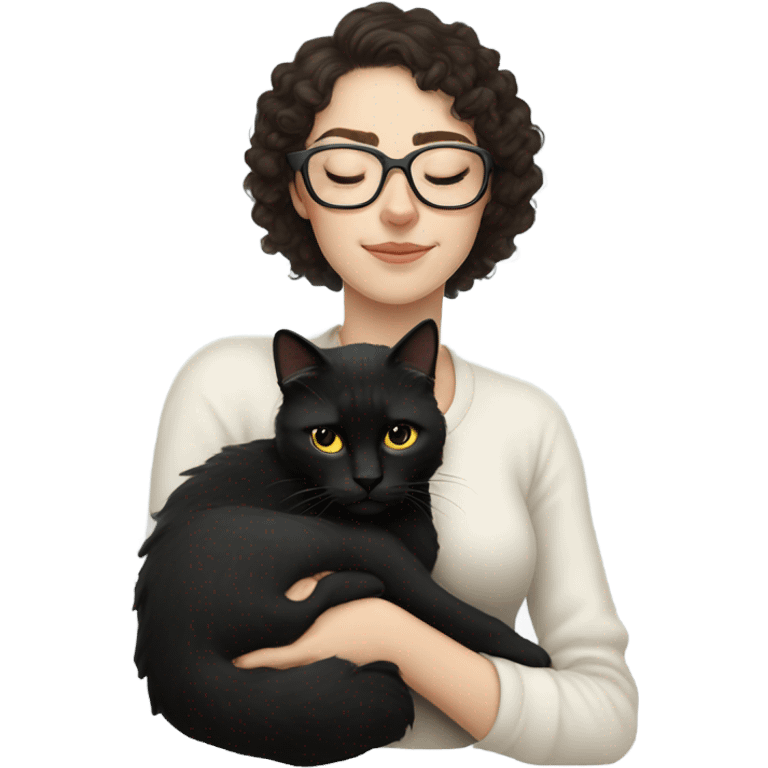 Pale white young woman with dark curly hair with glasses sleeping with black cat emoji