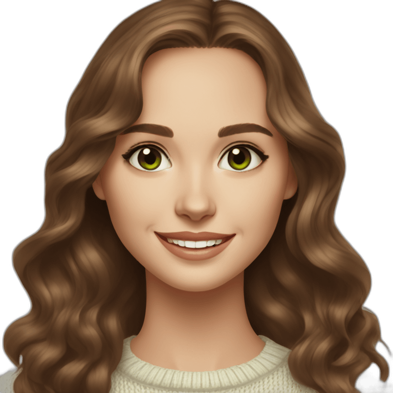 beautiful girl, white, with long loose wavy hair, brown hair, brown green eyes, looks like natalie portman, smiles at the camera, good teeth, white sweater, realistic drawing emoji