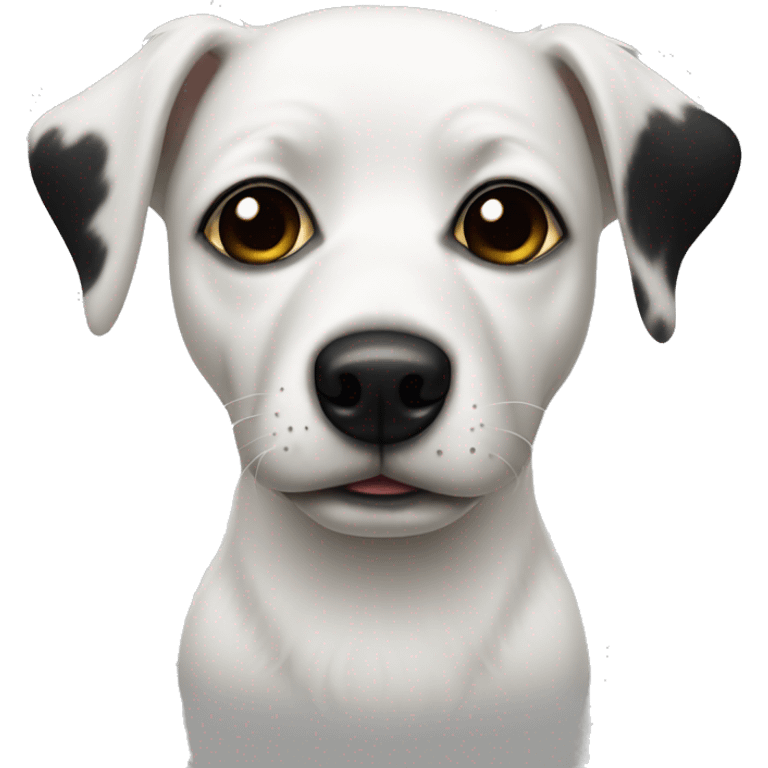 White Dog with black patches covering both eyes and pointyears emoji