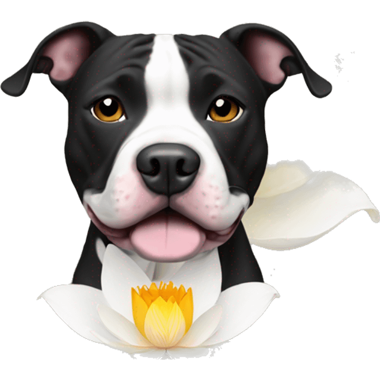 Black and white pitbull with lotus flower emoji